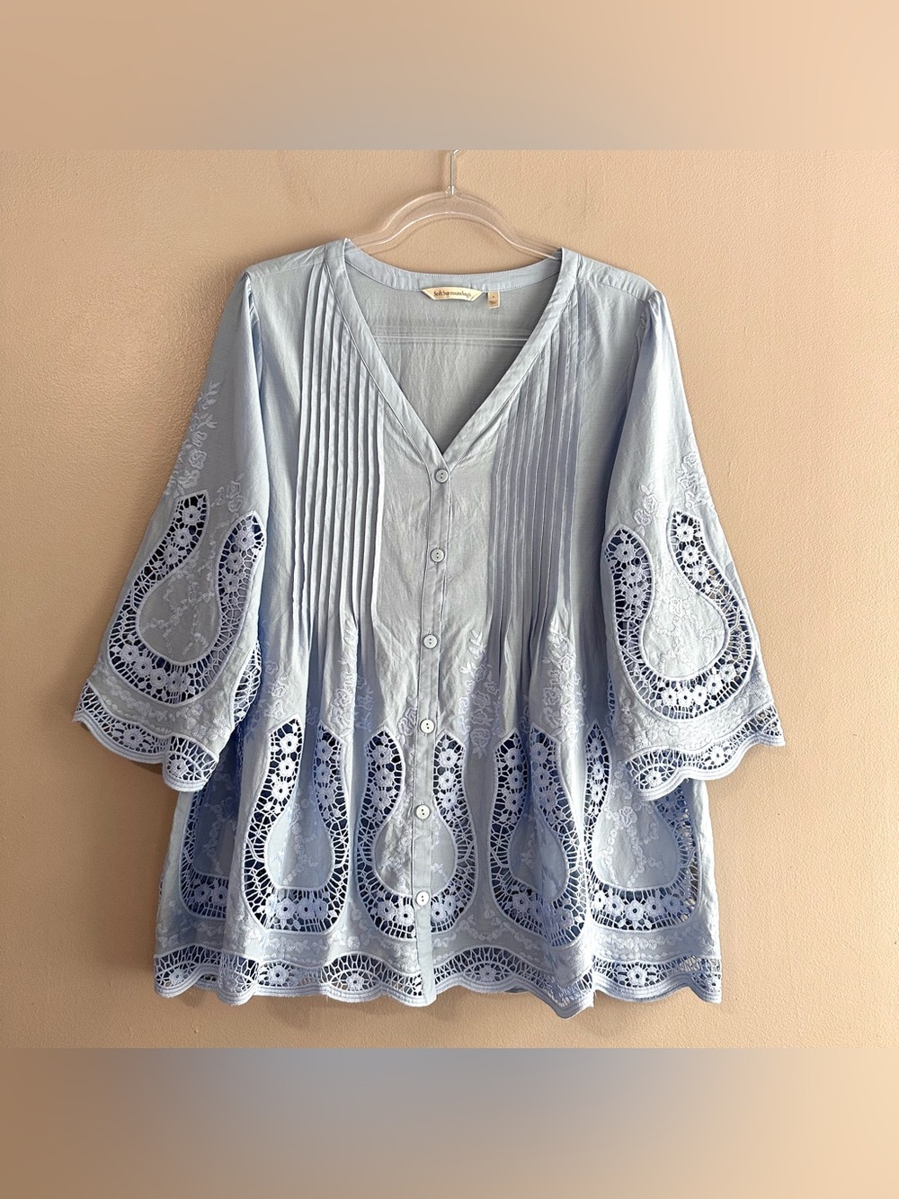 Soft Surroundings Blue Eyelet Lace Buttondown Airy Boho Tunic Top Womens Large